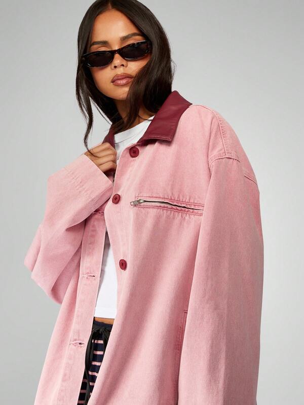 MISSGUIDED Oversized Cotton Canvas Barn Jacket With Leather Collar