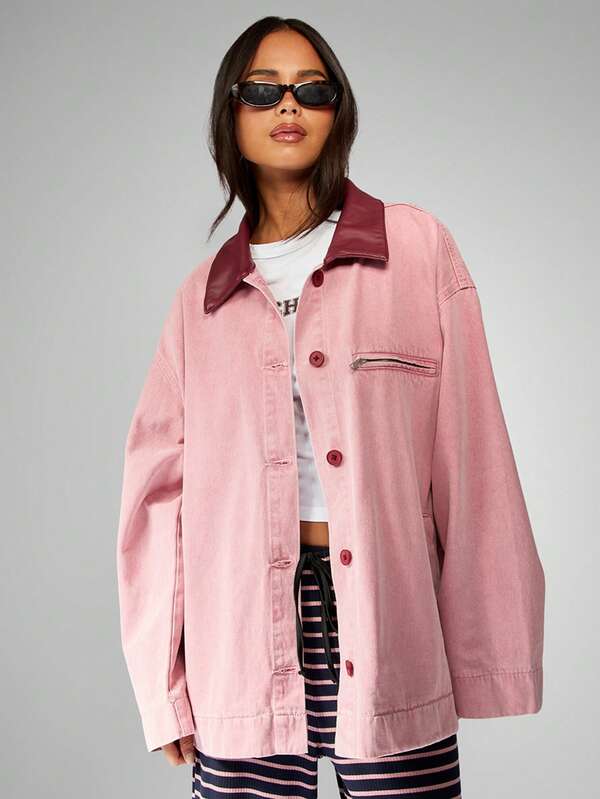 MISSGUIDED Oversized Cotton Canvas Barn Jacket With Leather Collar
