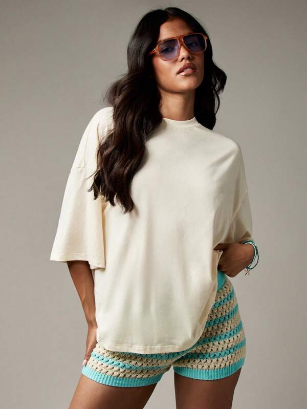 MISSGUIDED Oversized Cotton Tee With Sea And Sun Graphic Design