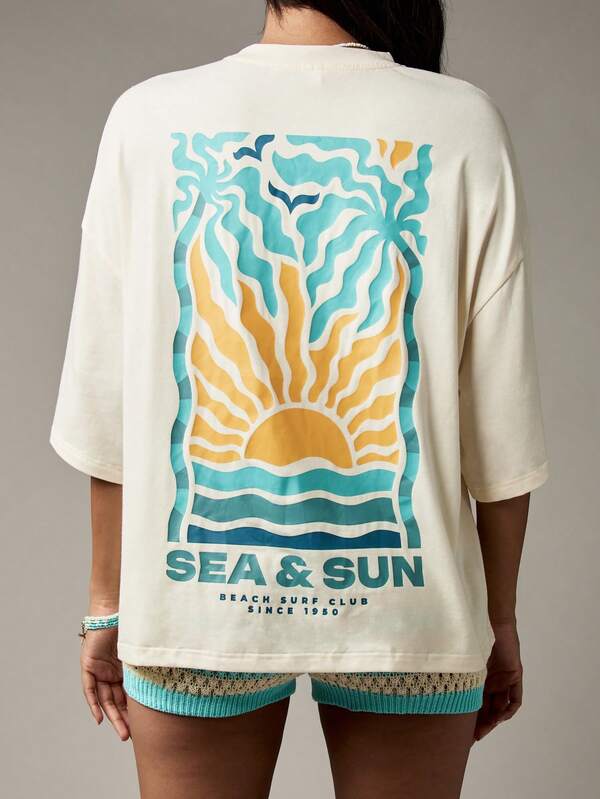 MISSGUIDED Oversized Cotton Tee With Sea And Sun Graphic Design
