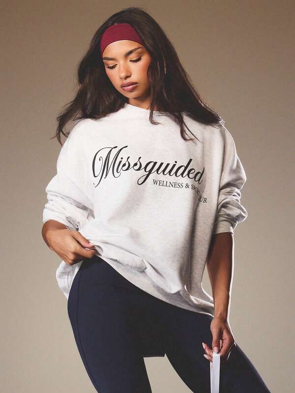 MISSGUIDED Oversized Crew Neck Sweatshirt With Statement Print