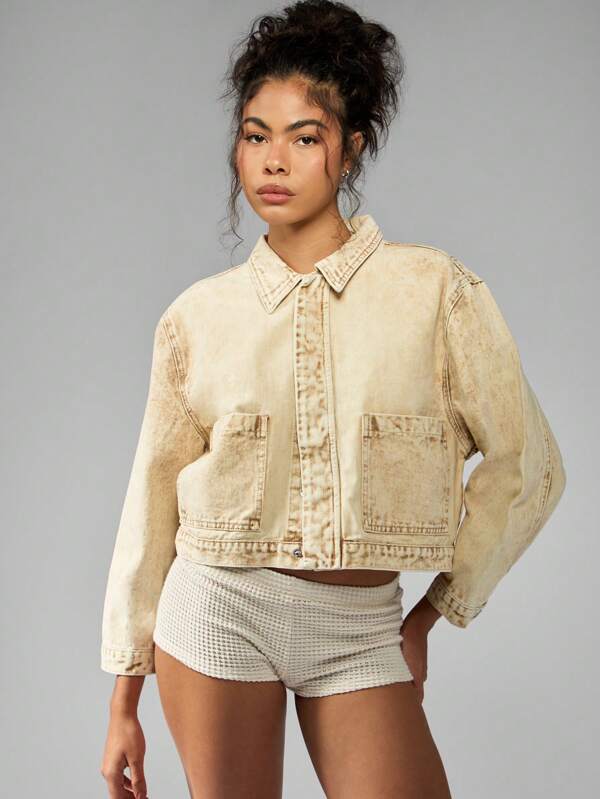 MISSGUIDED Oversized Cropped Sand Washed Trucker Denim Jacket