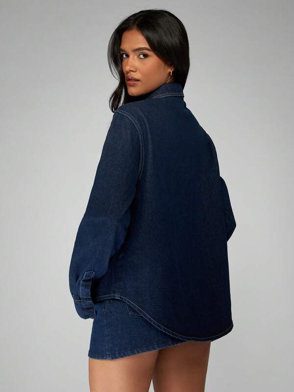 MISSGUIDED Oversized Denim Shirt With Large Bow Neck Detail