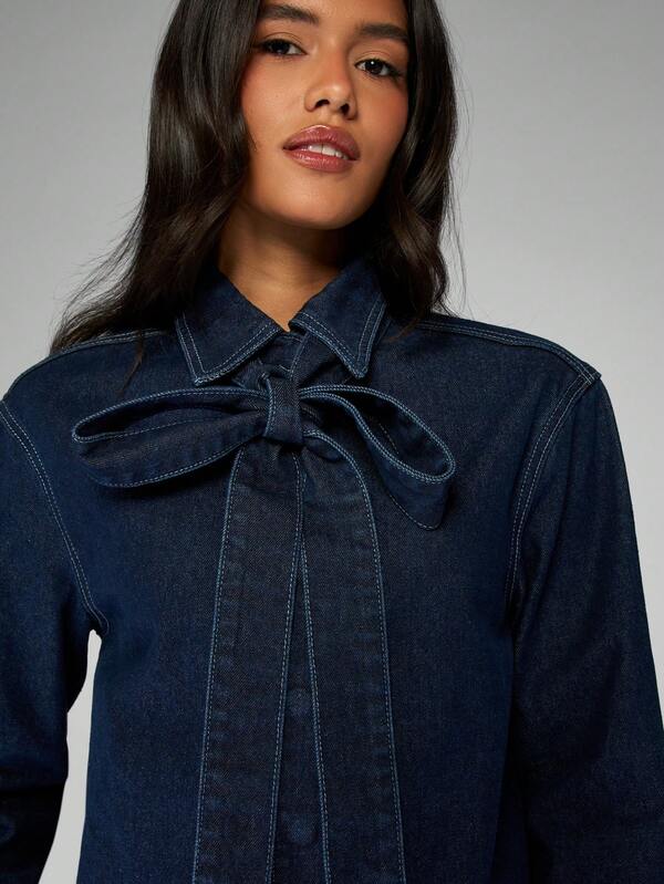 MISSGUIDED Oversized Denim Shirt With Large Bow Neck Detail