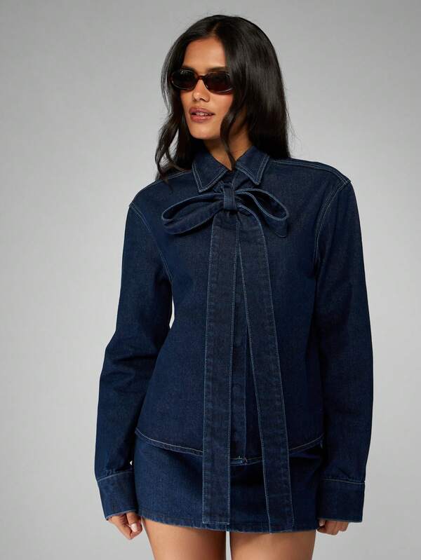 MISSGUIDED Oversized Denim Shirt With Large Bow Neck Detail