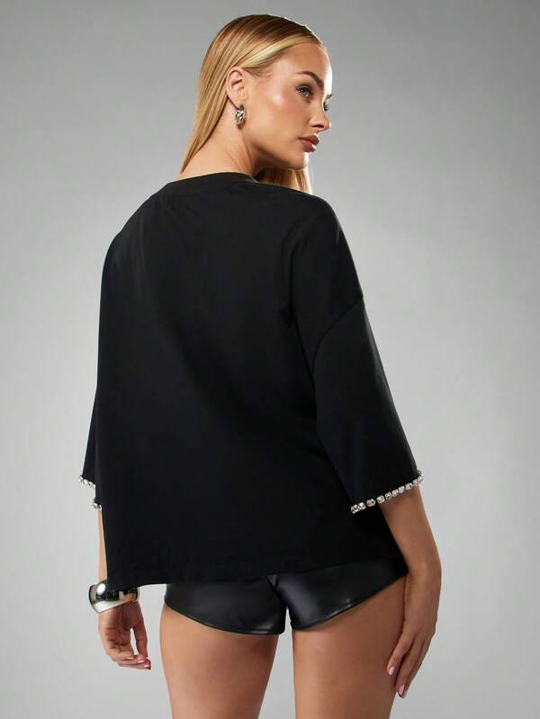 MISSGUIDED Oversized Diamante Trim Tee With Embellished Detail
