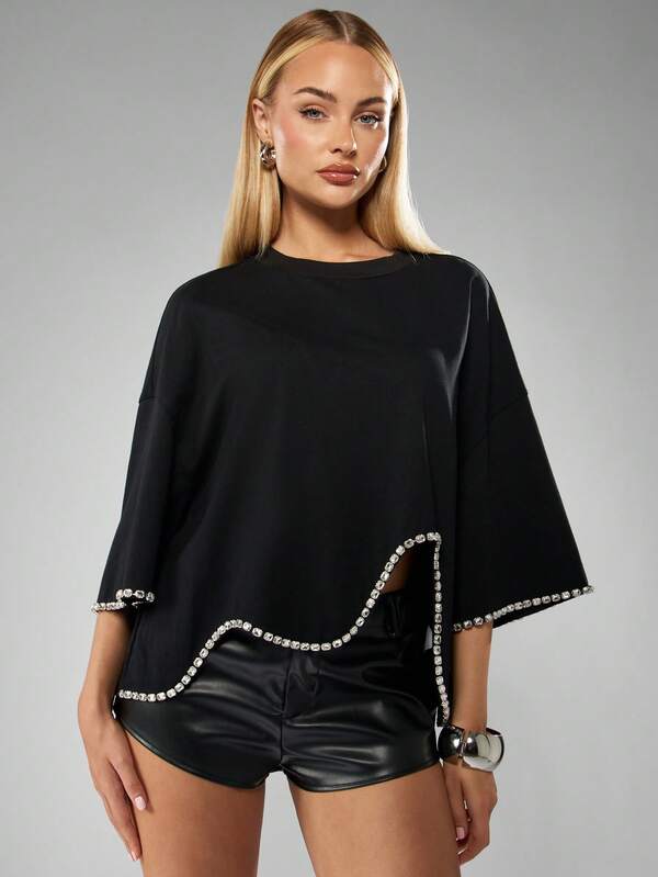 MISSGUIDED Oversized Diamante Trim Tee With Embellished Detail