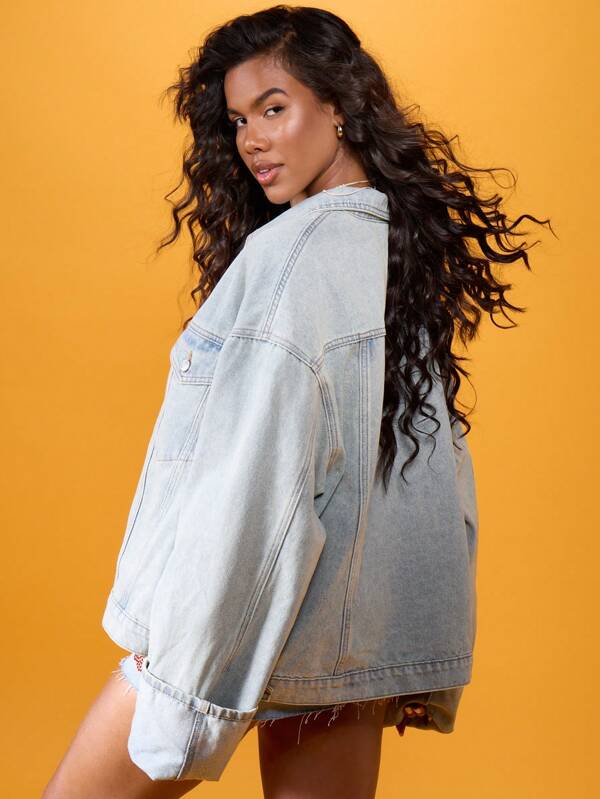 MISSGUIDED Oversized Distressed Denim Jacket Cuffed Raw Hem