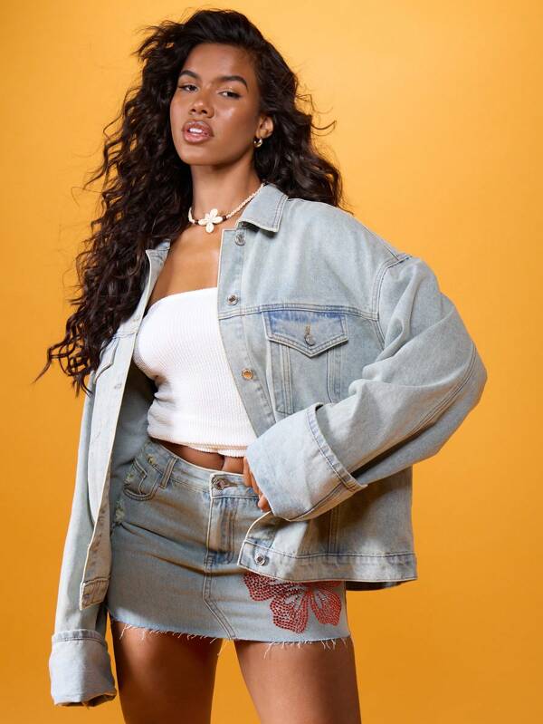 MISSGUIDED Oversized Distressed Denim Jacket Cuffed Raw Hem