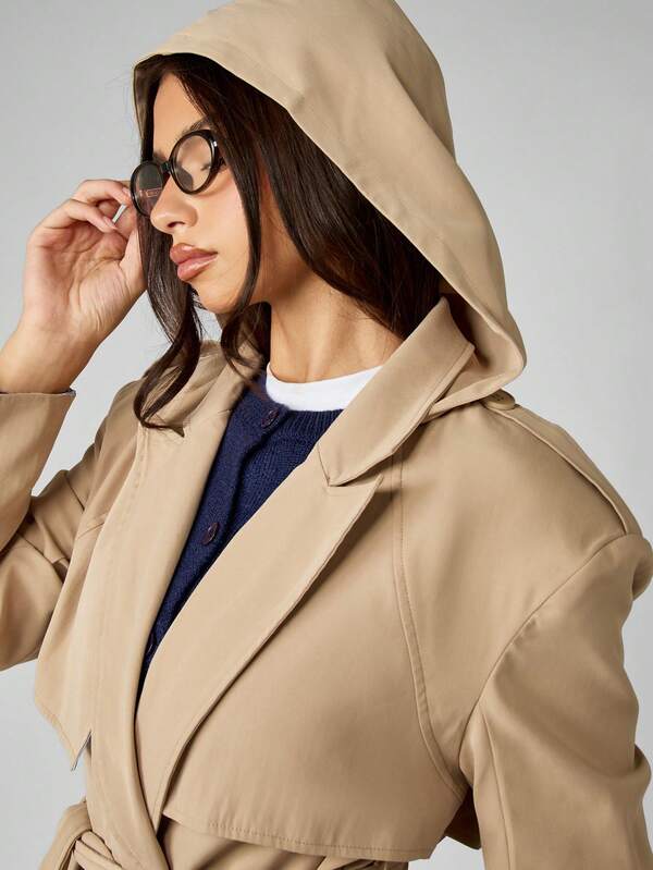 MISSGUIDED Oversized Double Breasted Trench Coat With Hood And Belt