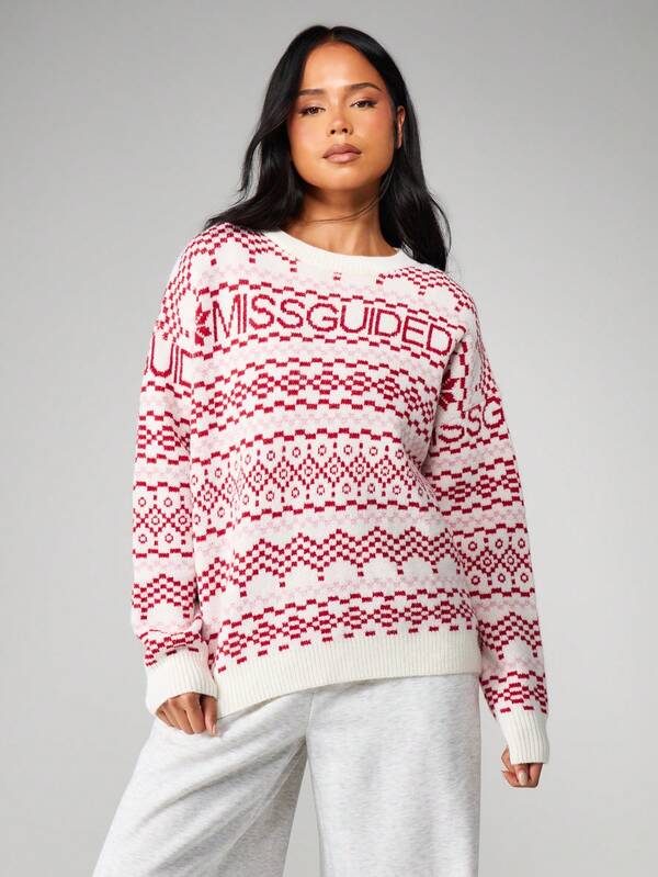 MISSGUIDED Oversized Fair Isle Christmas Jumper With Crew Neck