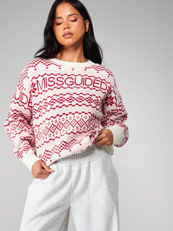 MISSGUIDED Oversized Fair Isle Christmas Jumper With Crew Neck
