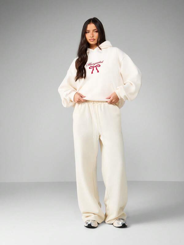 MISSGUIDED Oversized Fleece Hoodie With Red Bow Embroidery