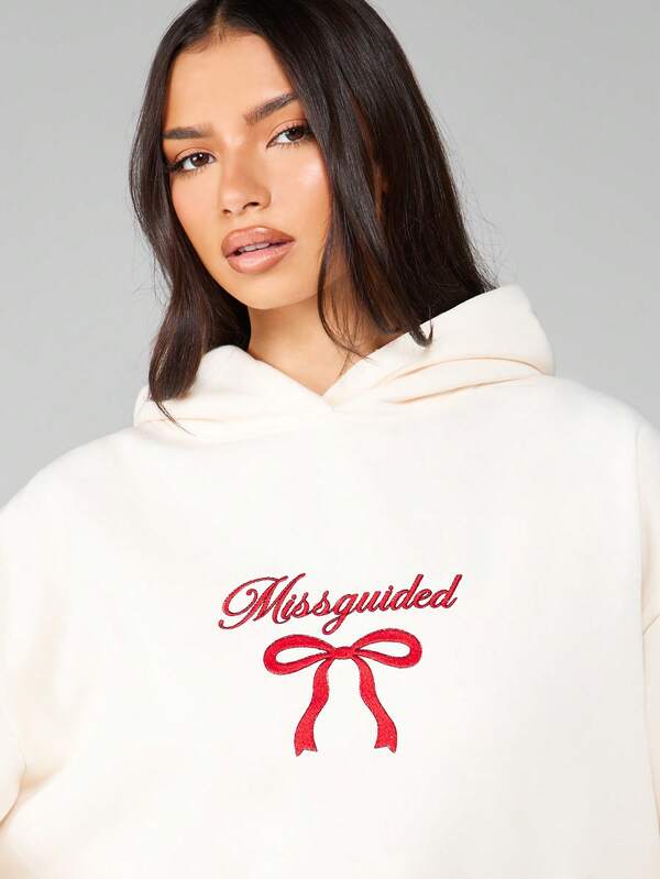 MISSGUIDED Oversized Fleece Hoodie With Red Bow Embroidery