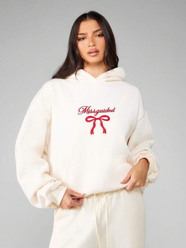 MISSGUIDED Oversized Fleece Hoodie With Red Bow Embroidery