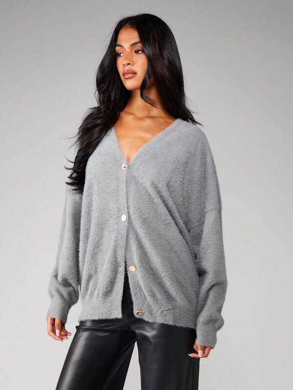 MISSGUIDED Oversized Fluffy Knit Button Cardigan