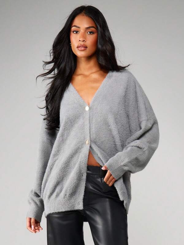 MISSGUIDED Oversized Fluffy Knit Button Cardigan