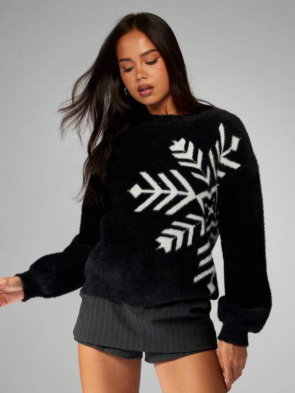 MISSGUIDED Oversized Fluffy Snowflake Pattern Sweater