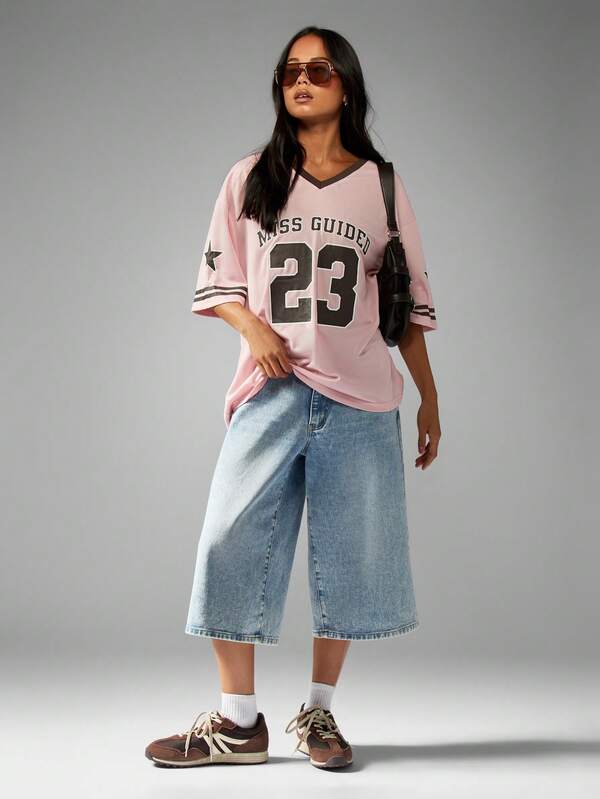 MISSGUIDED Oversized Football Jersey With Varsity Numbers And V Neck