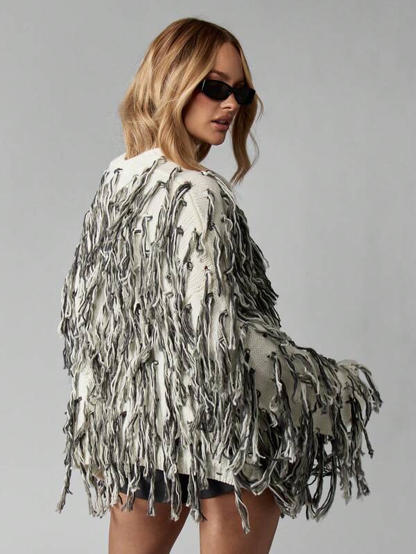 MISSGUIDED Oversized Fringe Cardigan With Textured Knit Pattern