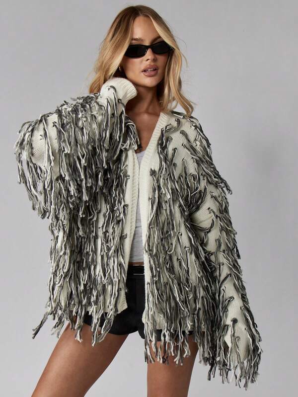 MISSGUIDED Oversized Fringe Cardigan With Textured Knit Pattern