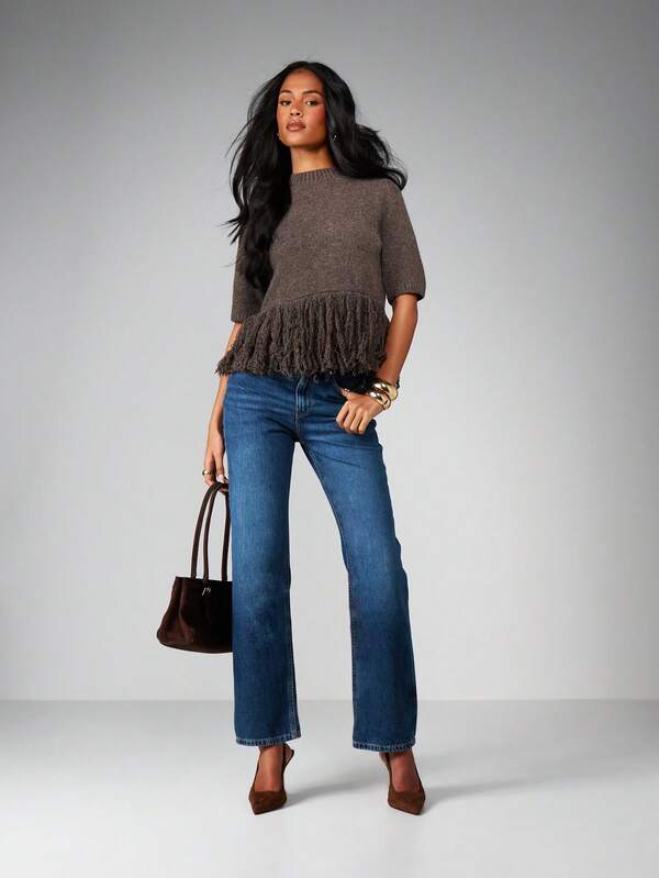 MISSGUIDED Oversized Fringe Hem Knitted Sweater