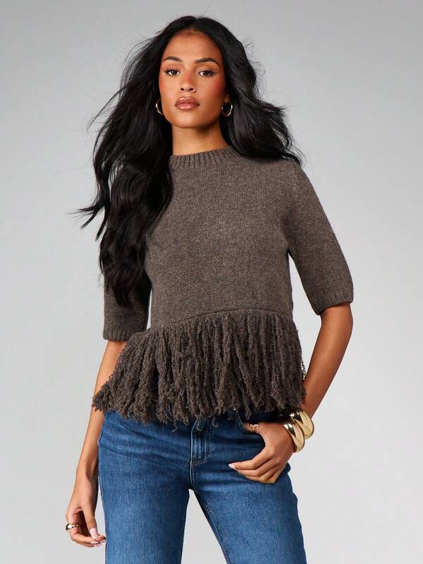 MISSGUIDED Oversized Fringe Hem Knitted Sweater