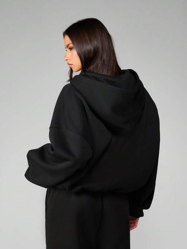 MISSGUIDED Oversized Full Zip Black Hoodie With Front Logo