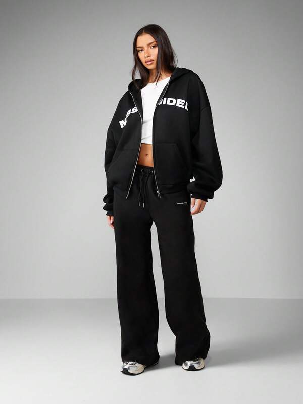 MISSGUIDED Oversized Full Zip Black Hoodie With Front Logo