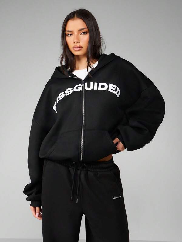 MISSGUIDED Oversized Full Zip Black Hoodie With Front Logo