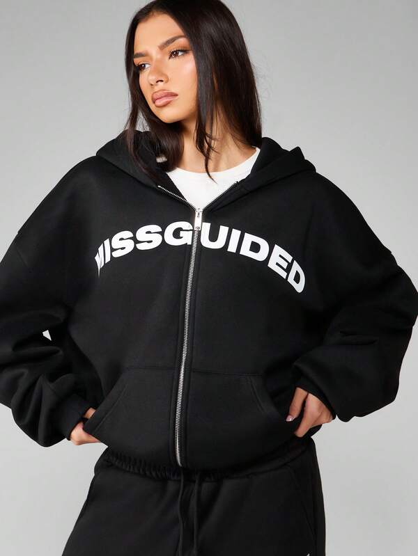 MISSGUIDED Oversized Full Zip Black Hoodie With Front Logo