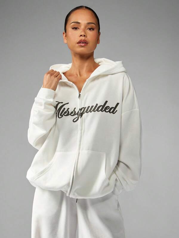 MISSGUIDED Oversized Full Zip Hoodie With Brand Logo