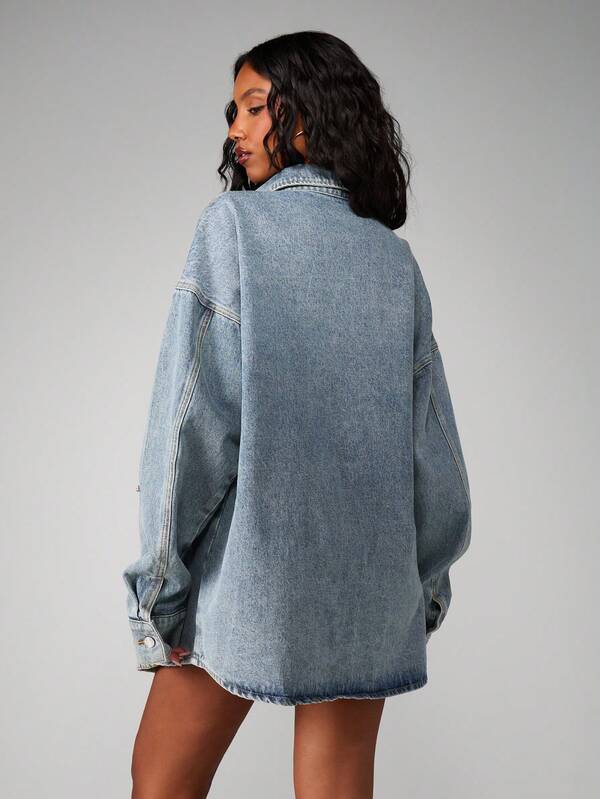 MISSGUIDED Oversized Gem Detail Denim Shirt