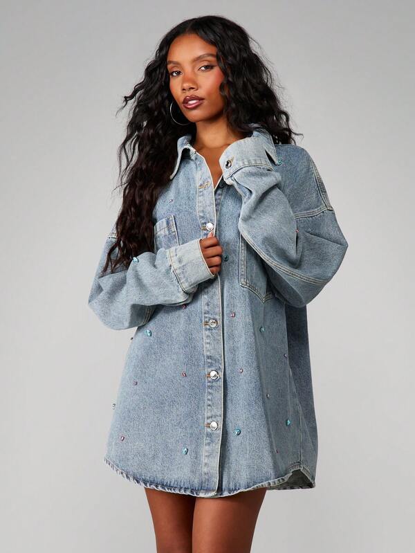 MISSGUIDED Oversized Gem Detail Denim Shirt