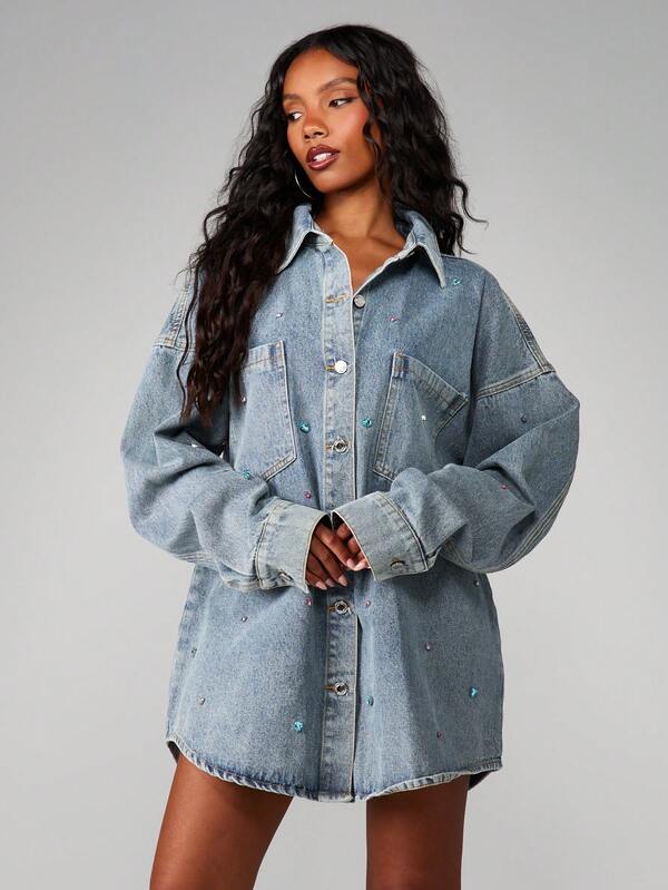 MISSGUIDED Oversized Gem Detail Denim Shirt