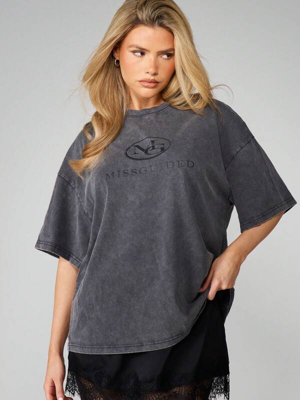MISSGUIDED Oversized Graphic Print Crew Neck Tee