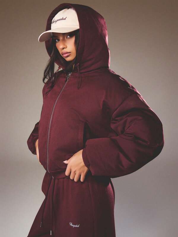 MISSGUIDED Oversized Hooded Zip Puffer Jacket