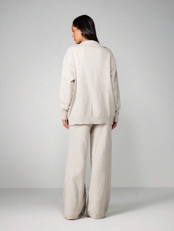 MISSGUIDED Oversized Knit Co-Ord With Zip Neck And Wide Leg