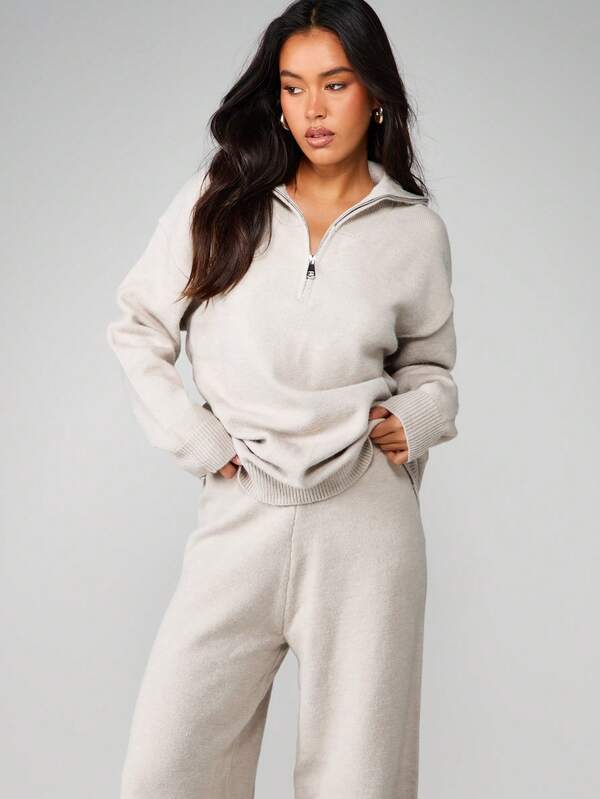 MISSGUIDED Oversized Knit Co-Ord With Zip Neck And Wide Leg