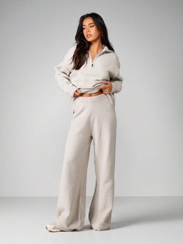 MISSGUIDED Oversized Knit Co-Ord With Zip Neck And Wide Leg