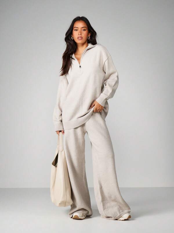 MISSGUIDED Oversized Knit Co-Ord With Zip Neck And Wide Leg
