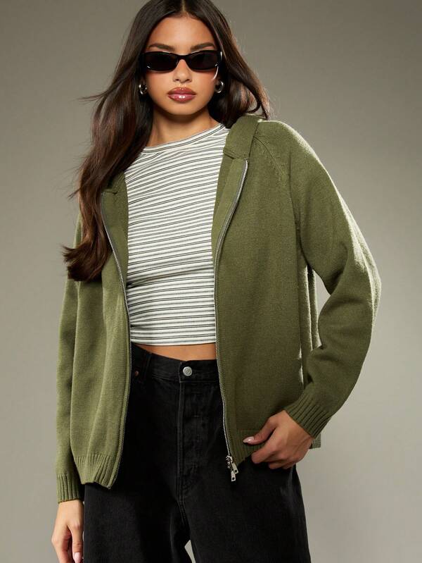 MISSGUIDED Oversized Knit Hoodie With Full Front Zipper