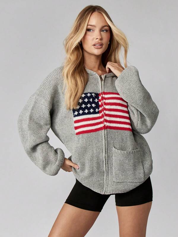 MISSGUIDED Oversized Knit Zip Cardigan With American Flag Design