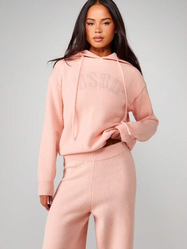MISSGUIDED Oversized Knitted Hoodie And Wide Leg Trousers Set