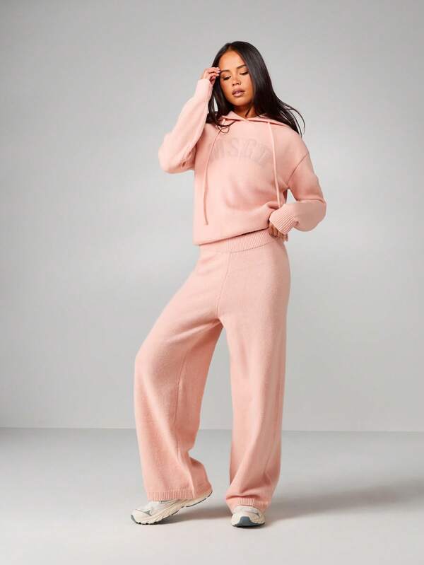 MISSGUIDED Oversized Knitted Hoodie And Wide Leg Trousers Set