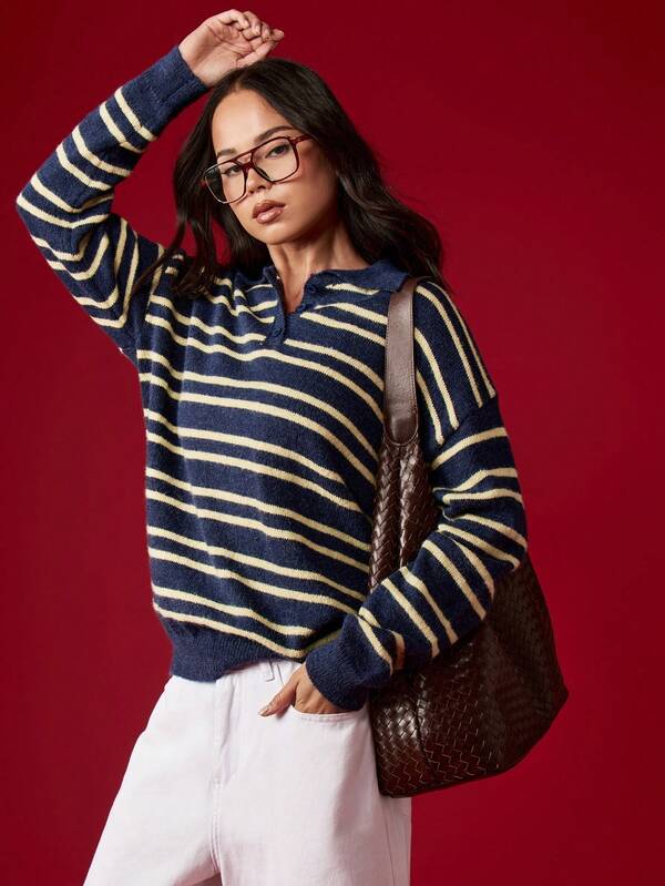 MISSGUIDED Oversized Knitted Stripe Polo Sweater