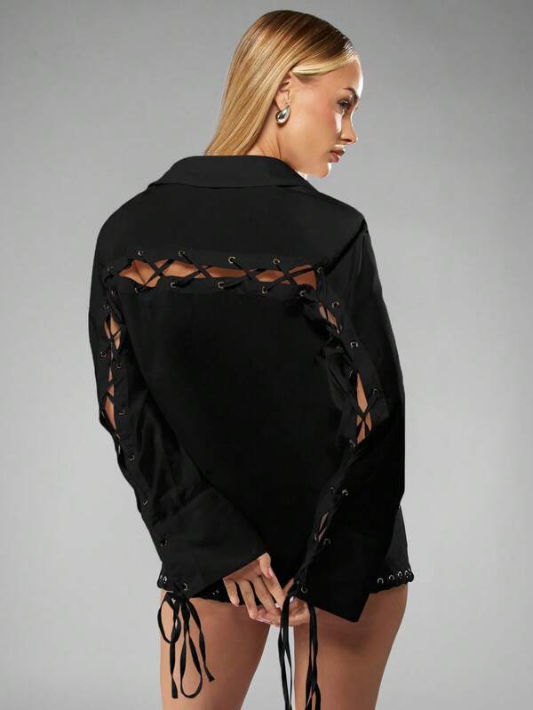 MISSGUIDED Oversized Lace Up Shirt With Grommets