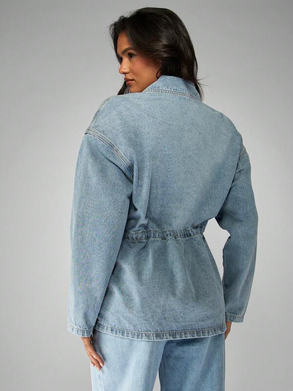 MISSGUIDED Oversized Light Wash Denim Jacket With Drawstring Waist