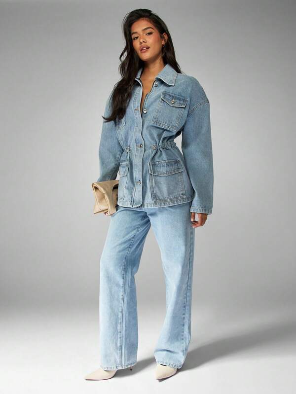 MISSGUIDED Oversized Light Wash Denim Jacket With Drawstring Waist