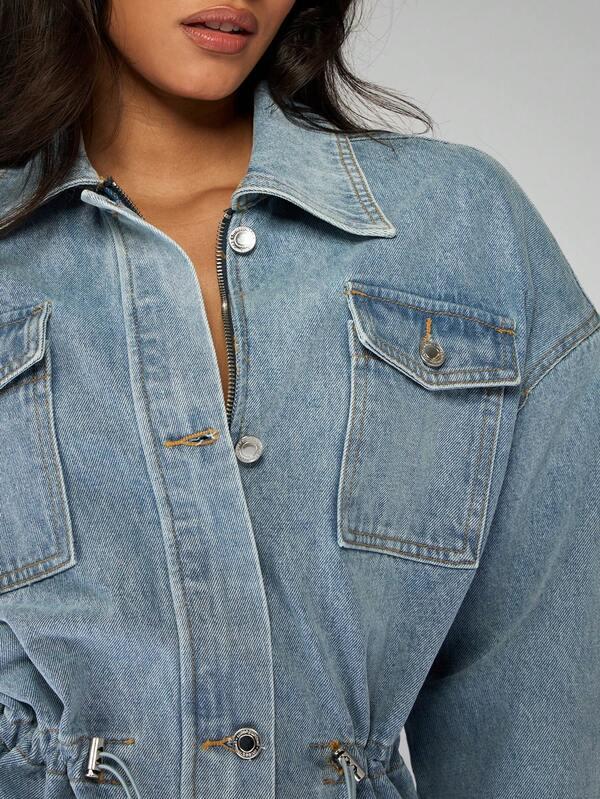 MISSGUIDED Oversized Light Wash Denim Jacket With Drawstring Waist